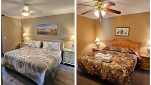 Twee slaapkamers met verschillende beddels, een plafondventilator, bedlampen en een ingelijst beeld aan de muur.