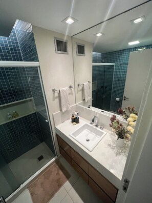 Hair dryer, towels, soap, toilet paper