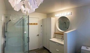 Un baño moderno con ducha de vidrio, tocador con espejo y un inodoro.
