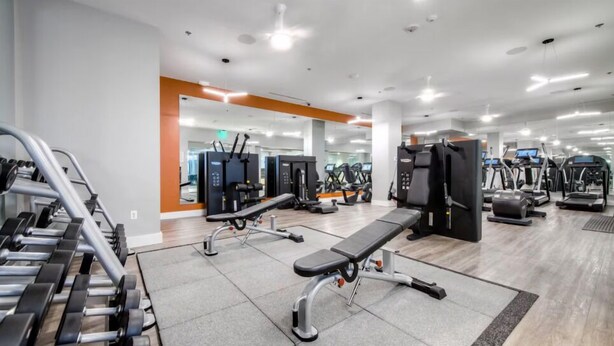 Ett modernt gym med olika typer av träningsutrustning, inklusive löpband, styrketräningsmaskiner och en träningsbänk.