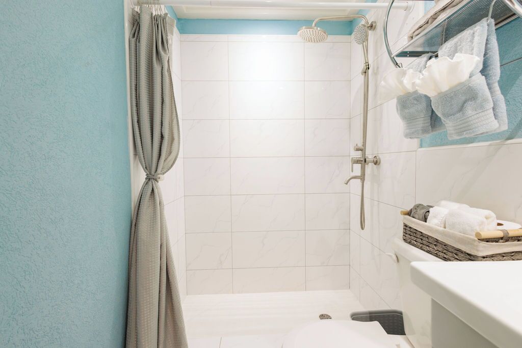 Shower, towels, soap, toilet paper