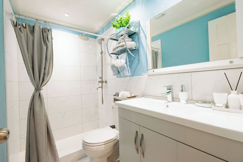 Shower, towels, soap, toilet paper