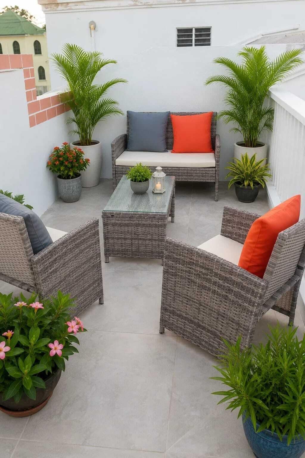 A rooftop patio with wicker furniture, a glass table, and potted plants.