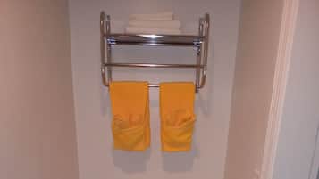 Regadera, toallas, jabón, papel de baño