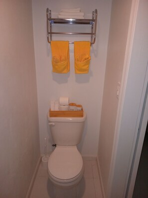 Een douche, handdoeken, zeep, toiletpapier