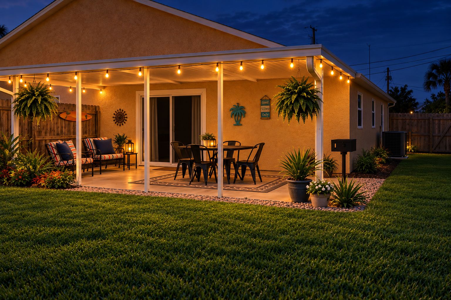 Un área de patio techada con luces colgantes, muebles de exterior y plantas en macetas.