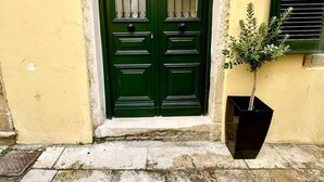 A green double door with decorative metal bars, a small potted plant to the right, and a stone-paved entrance. - Kukuvayia s Nest-centre Old Town Corfu (Corfu)