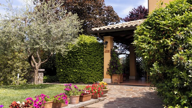 A stone pathway leading to a covered area with potted plants and a tree. - Rose Corner House (Orvieto)