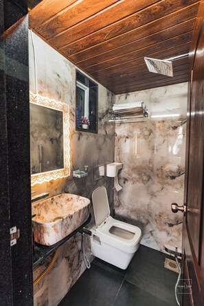 Regadera, secadora de cabello, bidet, toallas 
