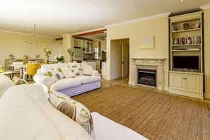 Smart TV, fireplace, books