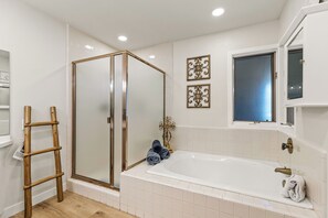 Hair dryer, towels, soap, shampoo