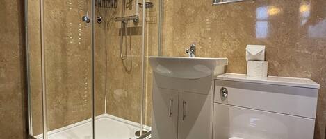 Une salle de bain moderne avec une douche à parois de verre, un lavabo blanc et des toilettes.