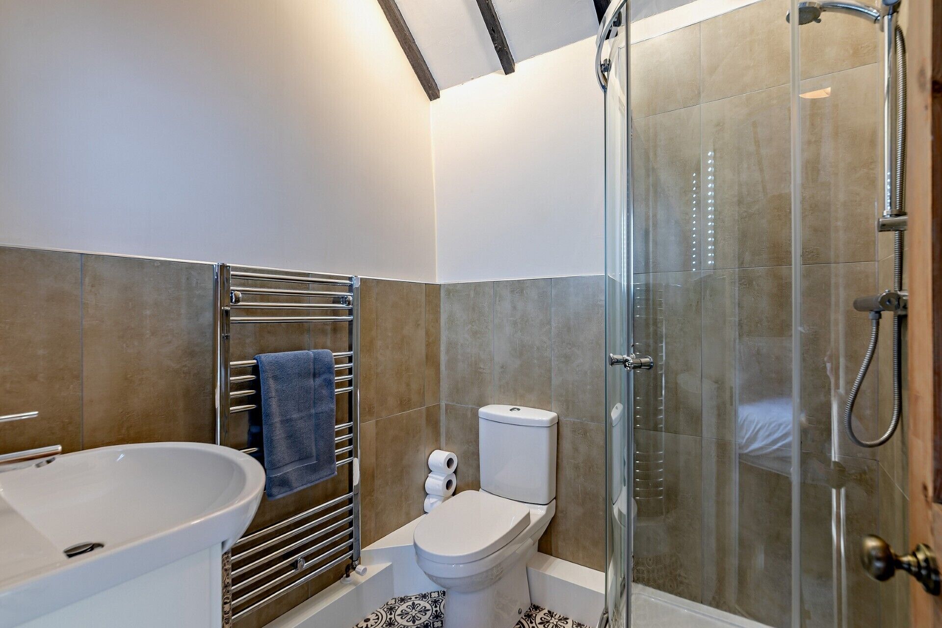 A modern bathroom with a glass shower enclosure, a white sink, and a toilet.