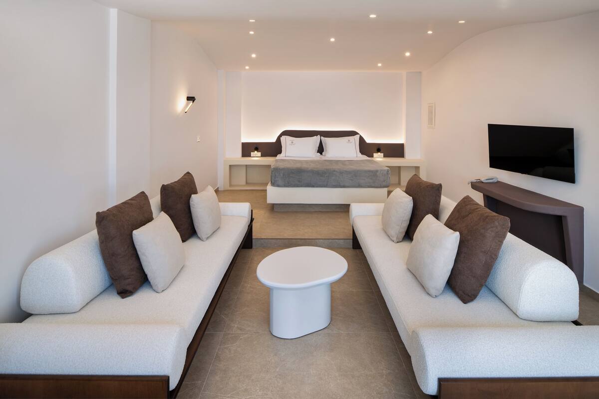 Ein modernes Schlafzimmer mit einem großen Bett, zwei Sofas, einem Couchtisch und einem Fernseher.