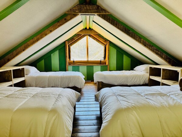 A dormitory room with two beds, a window, and green walls.