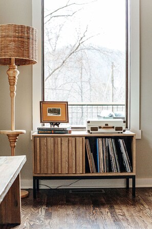 Ein Bücherregal aus Holz mit Schallplatten, einem Vintage-Radio und einem gerahmten Bild.