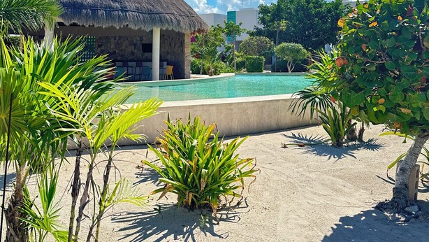 A resort with a pool, thatched-roof building, and tropical vegetation.