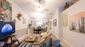 Smart TV, fireplace, books, computer monitors