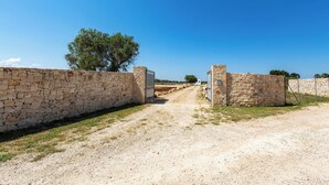 Un chemin de campagne menant à un mur de pierres et à un arbre.
