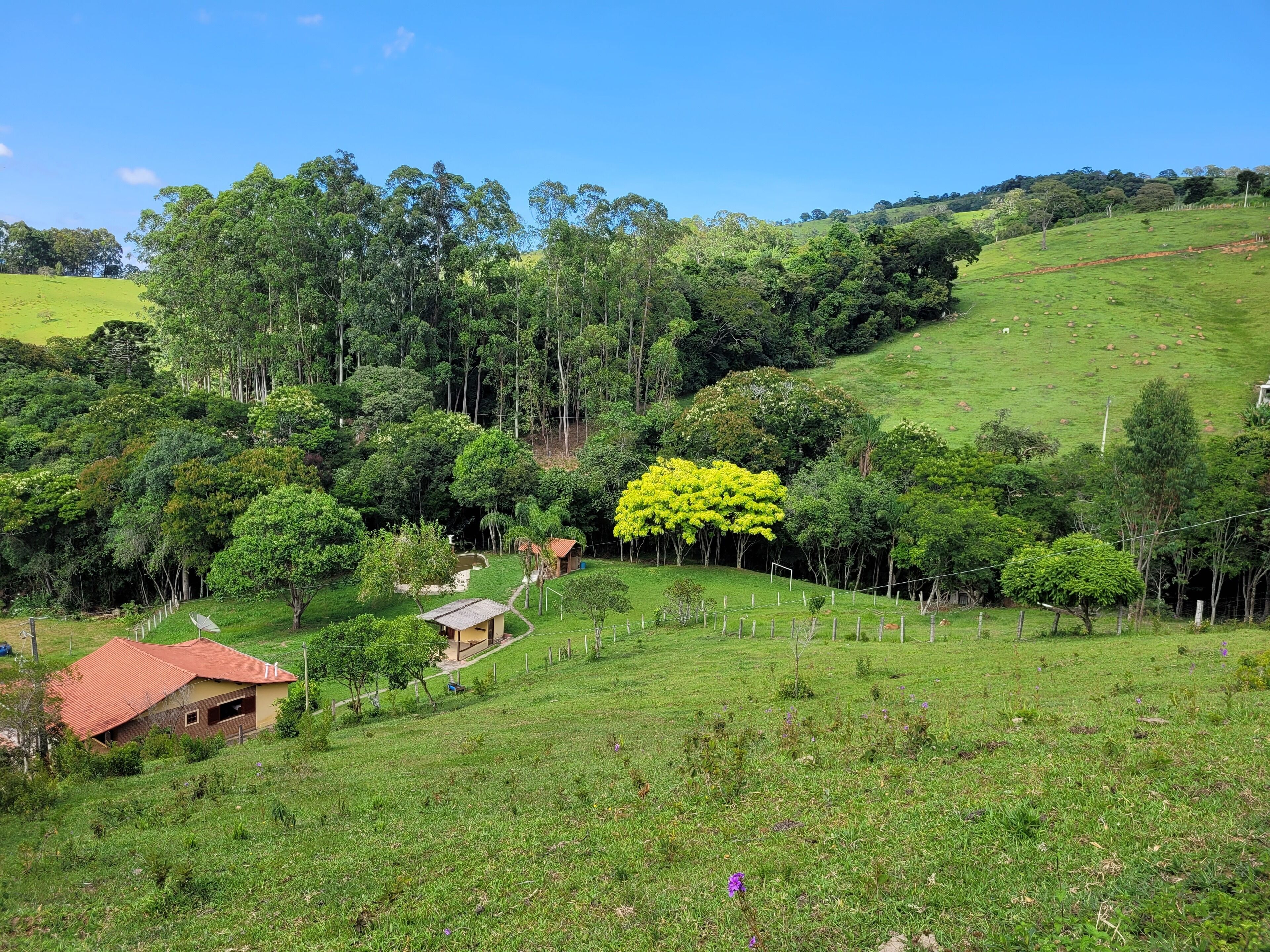 Paisaje rural con una casa pequeña y un área cercada.