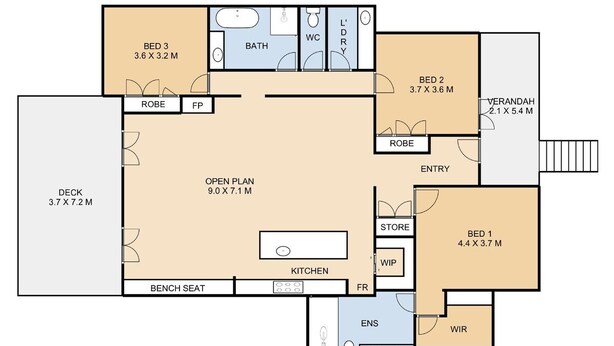 A hotel floor plan with three bedrooms, a bathroom, a kitchen, a deck, and a storage area.
