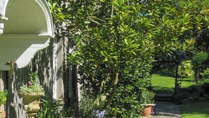 A garden with a stone bench, a pathway, and lush greenery.