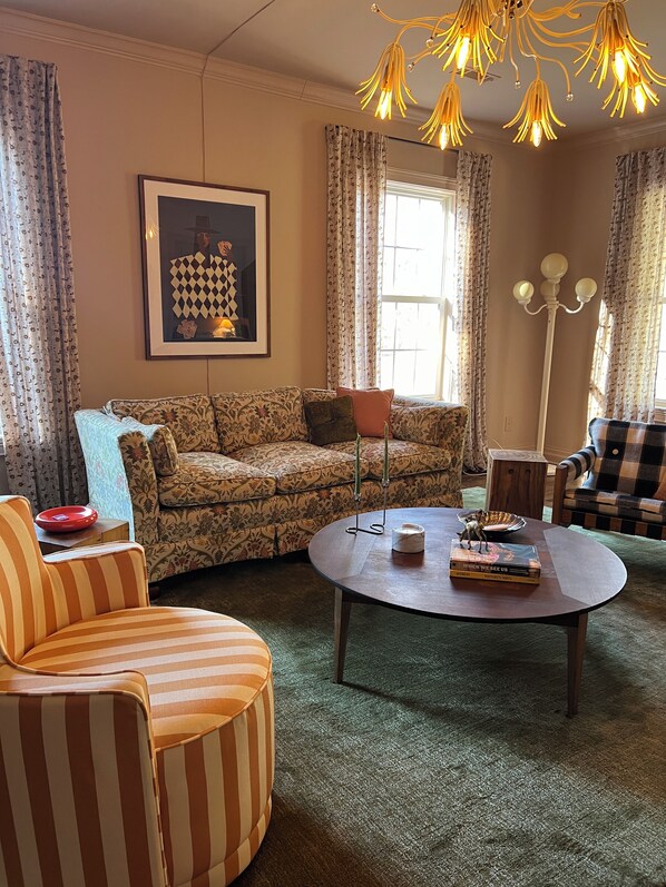 Smart TV, fireplace, books, music library