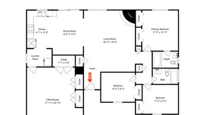 Piantina di una casa con cucina, sala da pranzo, soggiorno, due camere da letto, bagno, ingresso e studio.