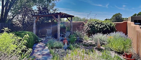 A garden with a wooden pergola, a paved path, and various plants and flowers.