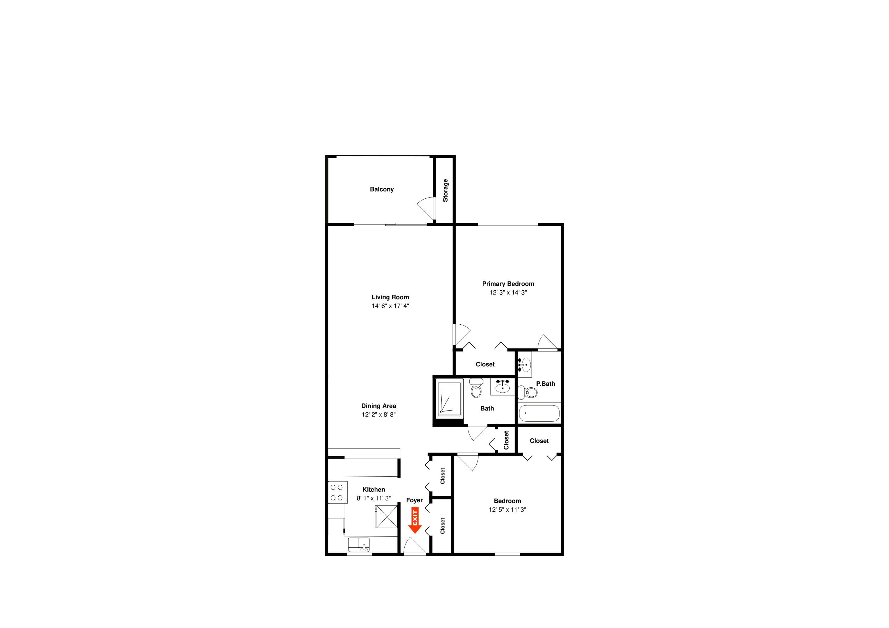 A floor plan of a hotel room with a balcony, storage, living room, dining area, kitchen, primary bedroom, bathroom, and two closets.