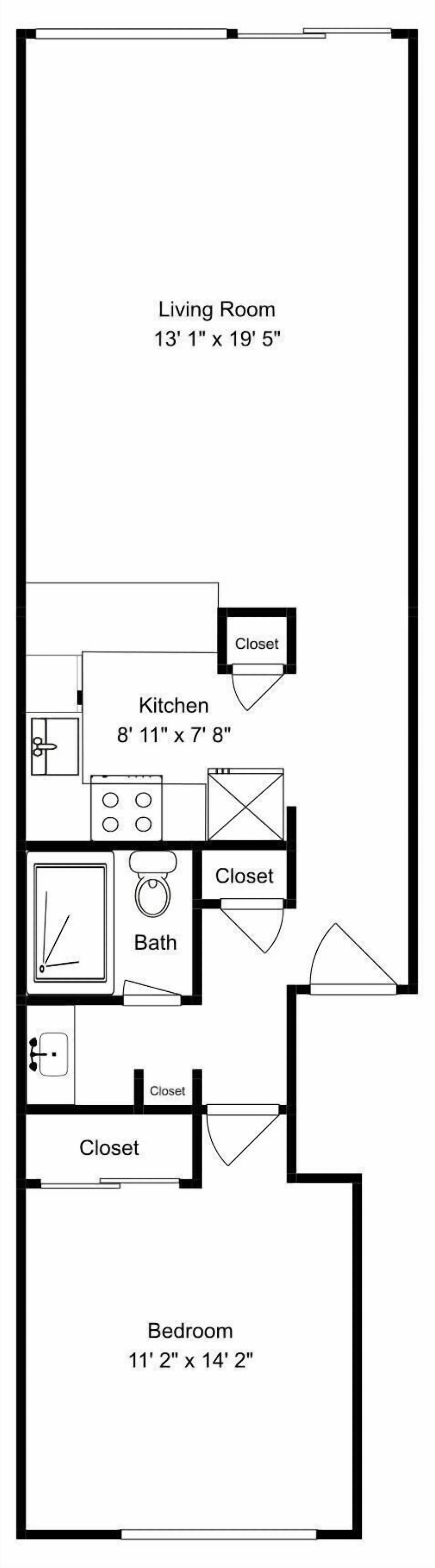 A floor plan with a living room measuring 13'1' x 19'5', a kitchen measuring 8'11' x 7'8', a bathroom, and a bedroom measuring 11'2' x 14'2'.
