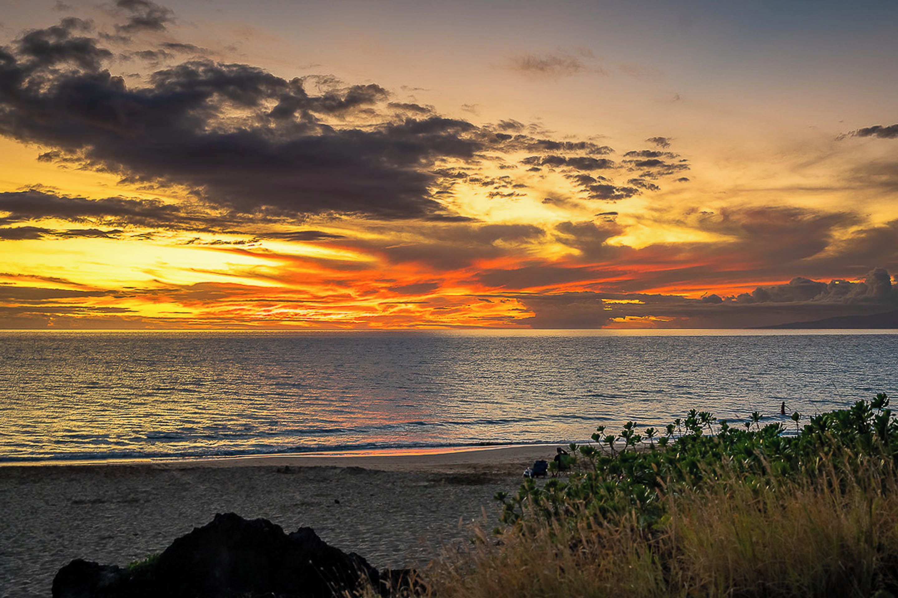A beach with a sunset over the ocean, rocky foreground, and sparse vegetation.