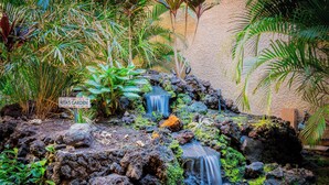 A garden with a small waterfall, lush greenery, and a sign that reads "Rita's Garden". - Maui Vista 3402 by Maui Rental Group (Kihei)