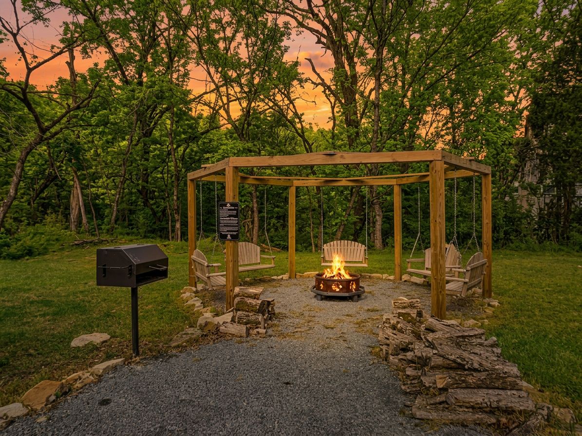 A wooden gazebo with a fire pit in the center, surrounded by chairs and a mailbox.