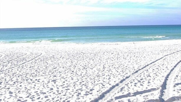 A beach with white sand and tire tracks leading to the water. - Coastal Grove by Southern Vacation Rentals (Santa Rosa Beach)