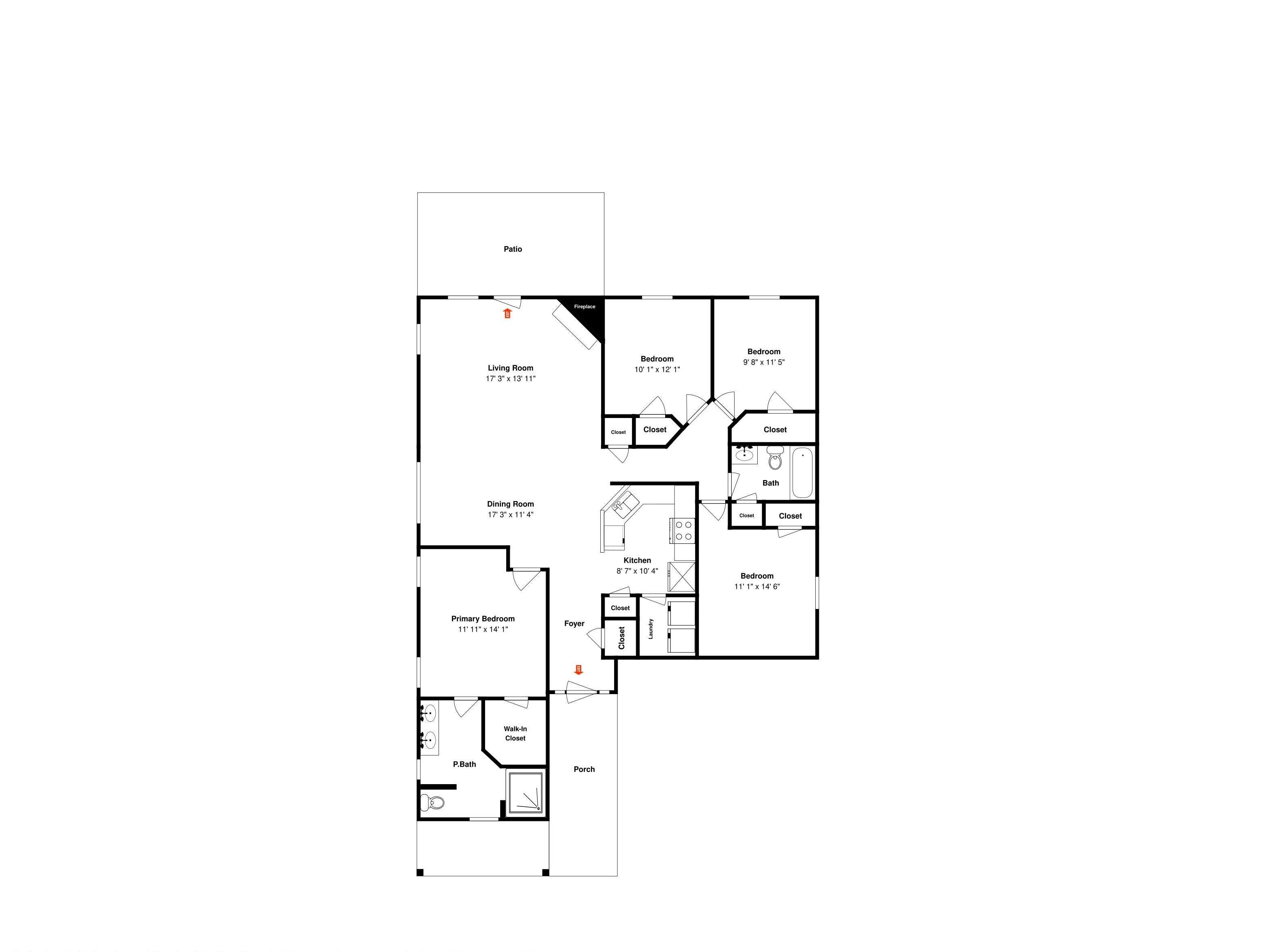 A floor plan of a house with a patio, two bedrooms, a living room, a dining room, a kitchen, a foyer, a walk-in closet, a primary bedroom, a secondary bedroom, a bathroom, and a porch.