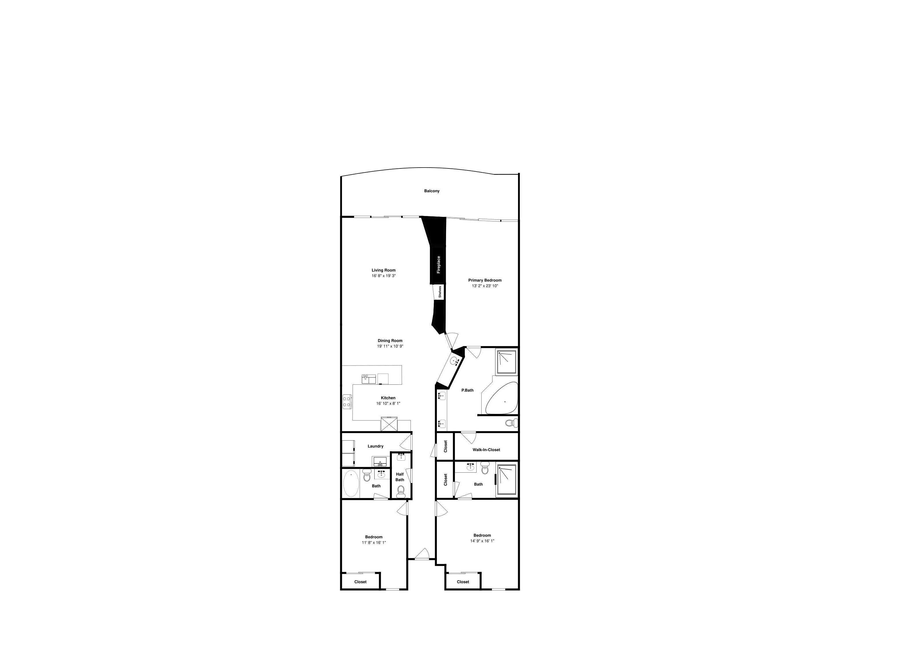A floor plan of a hotel room with a balcony, living room, primary bedroom, dining room, kitchen, two bathrooms, a laundry area, and two closets.