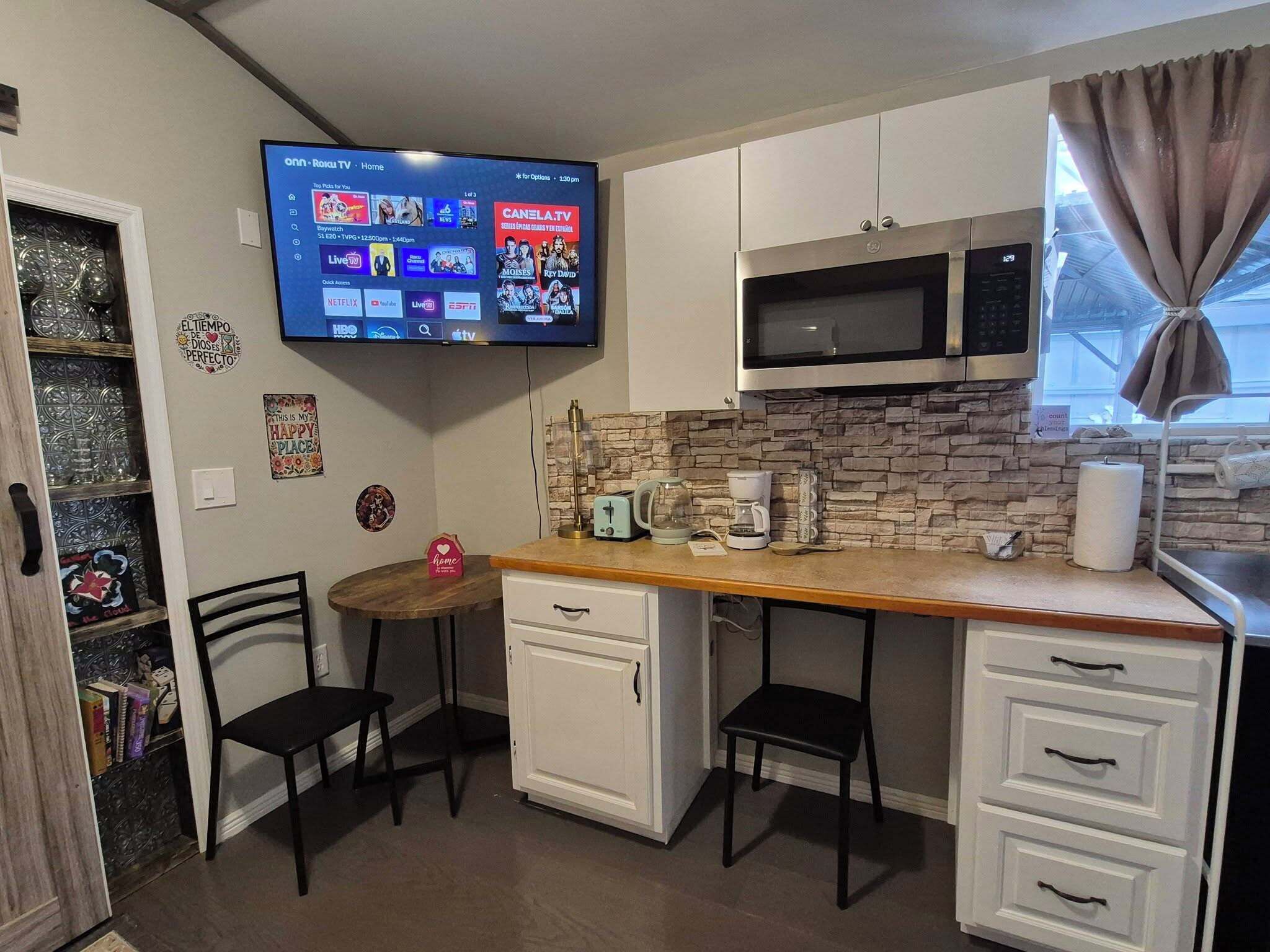 Fridge, microwave, coffee/tea maker, electric kettle