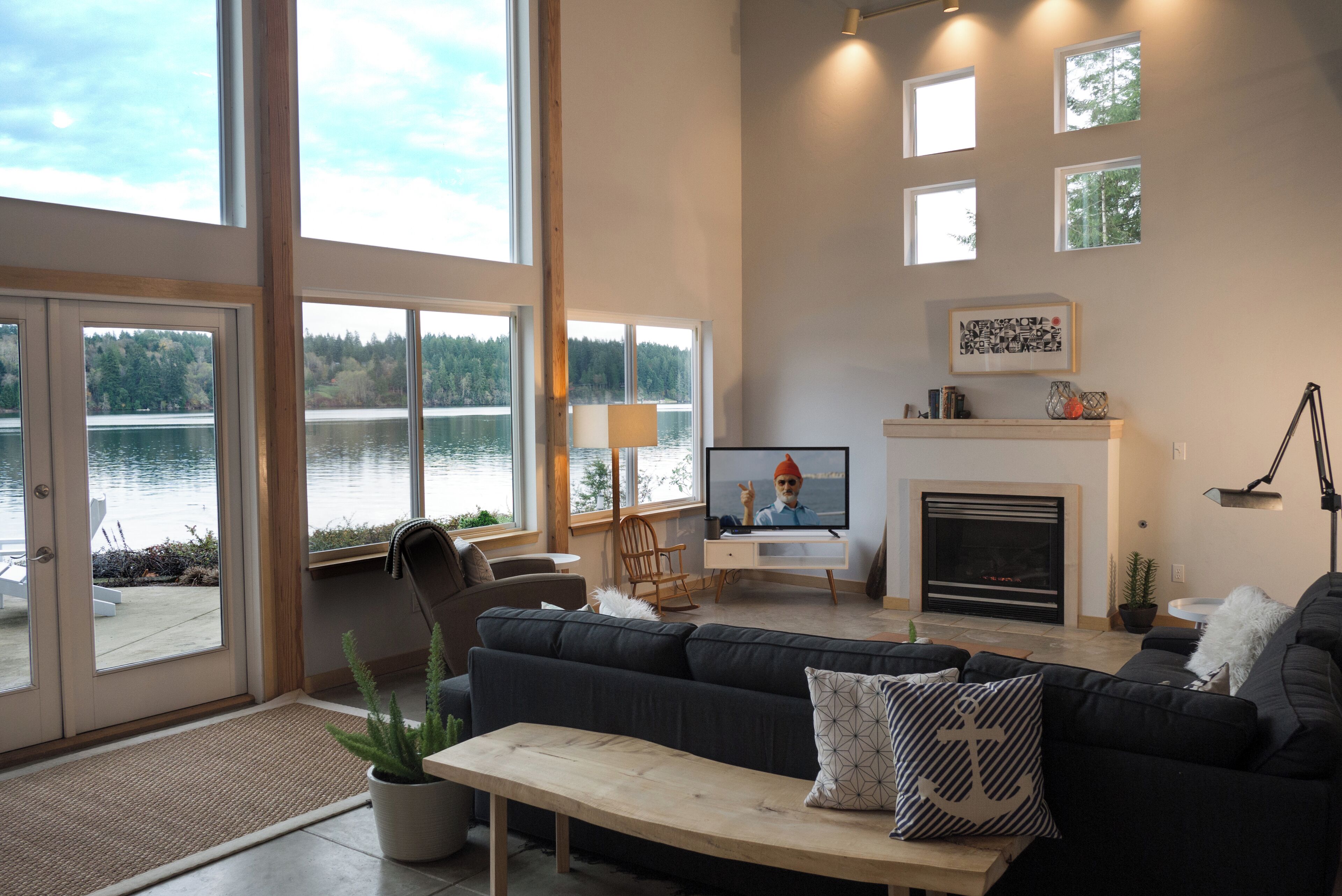 Smart TV, fireplace, DVD player, books