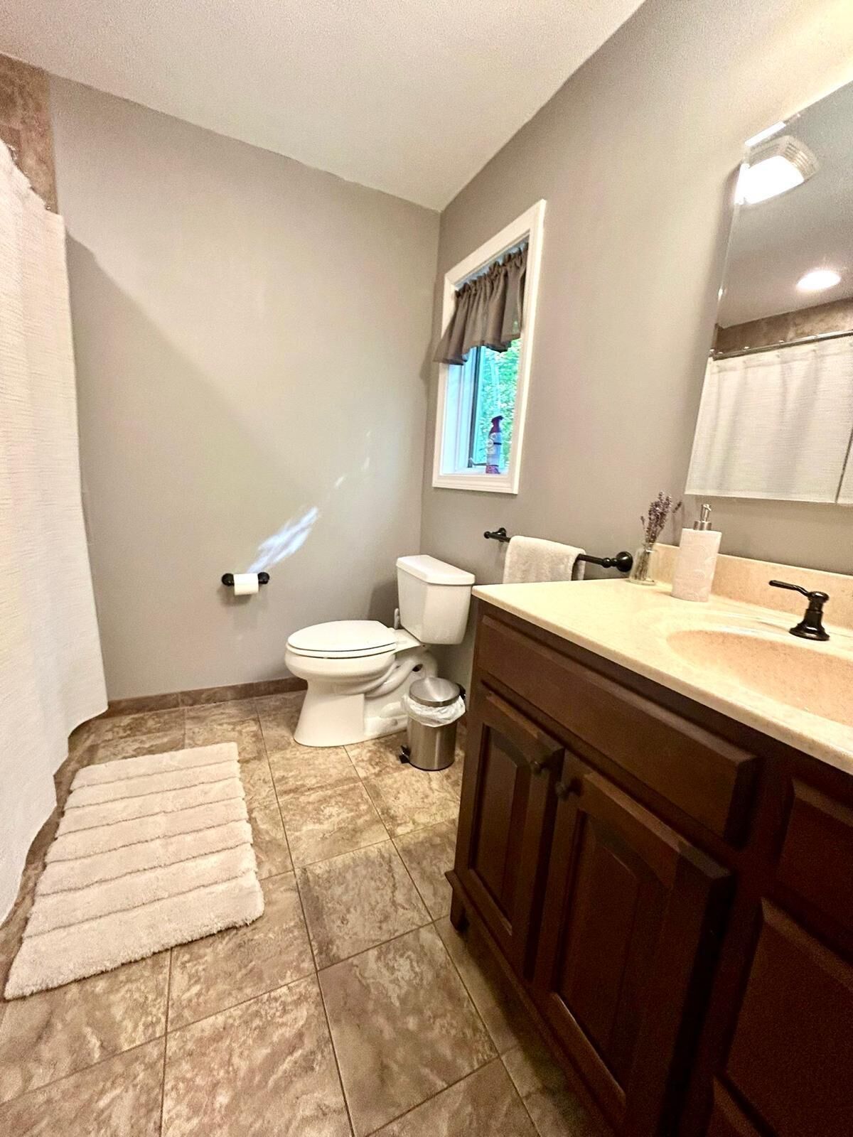 A bathroom with a toilet, sink, and vanity.
