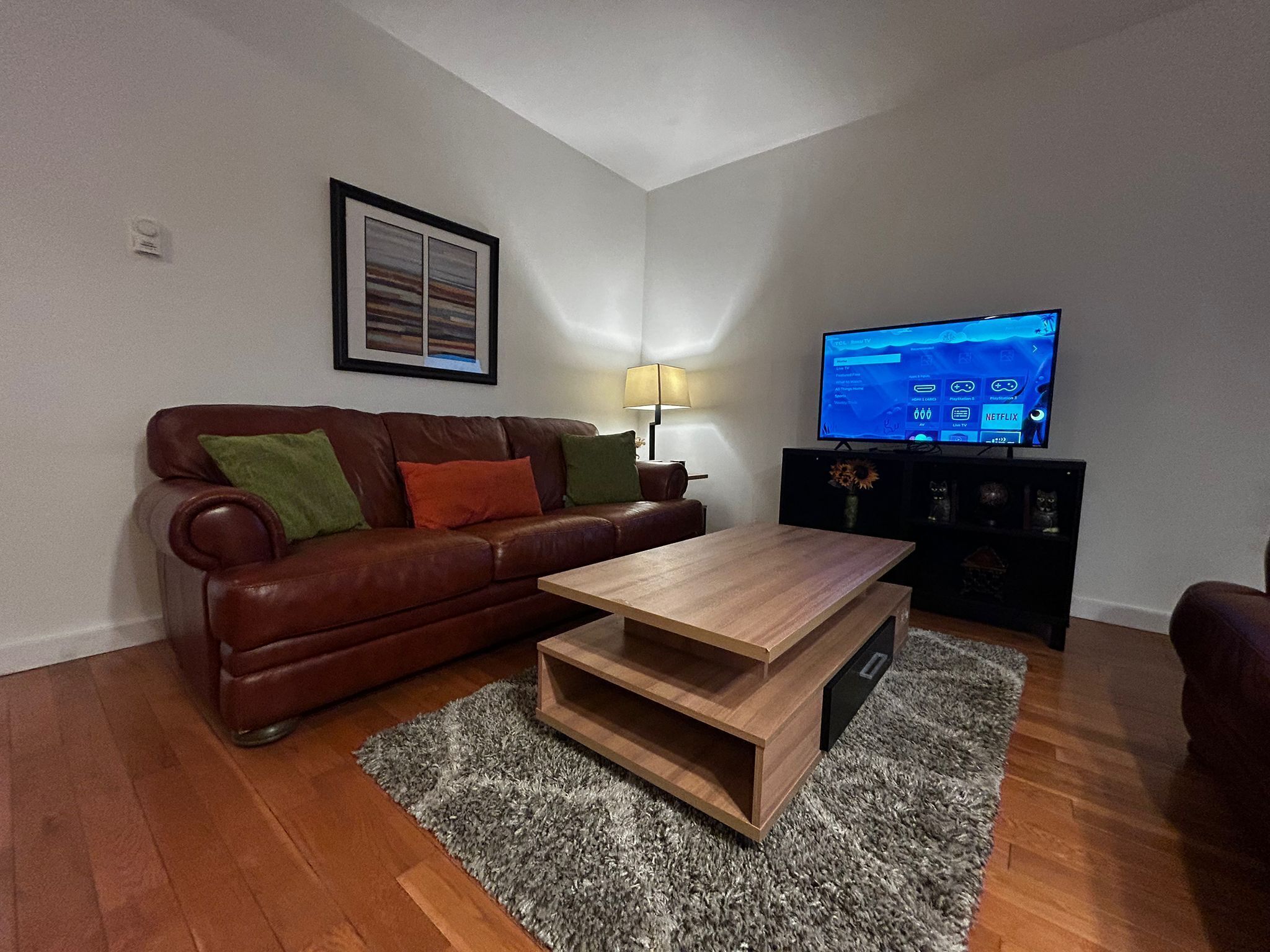 A living room with a brown leather sofa, a wooden coffee table, a grey rug, a TV on a stand, and a framed picture on the wall.