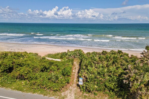 A beach with a path leading to a sign, surrounded by dense greenery. - Playfully Designed Home + Hot Tub, Fire Pit & Game Room Blue Hour by Avantstay (St. Augustine)