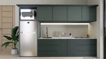 Fridge, oven, stovetop, coffee/tea maker