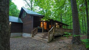 Una baita rustica con veranda in legno e tetto in metallo, immersa in una fitta foresta.