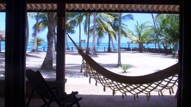 A beach view from a covered area with a hammock, chairs, and palm trees. - Ponta Village - Paradise in Maragogi - Cottage 01 (Maragogi)