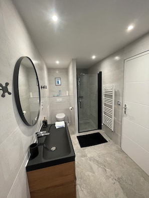 Shower, towels, soap, toilet paper