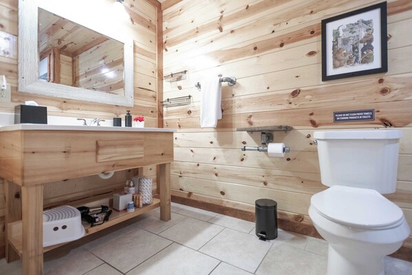 Un baño con paneles de madera, un lavabo, un espejo, un inodoro y un cuadro en la pared.
