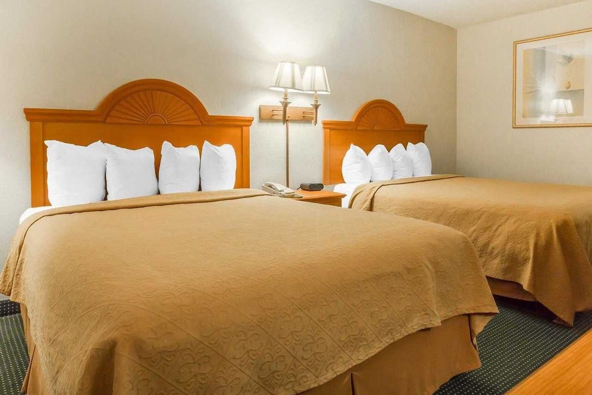 A hotel room with two beds, each with a wooden headboard and white pillows. There is a bedside table with a lamp and a phone.