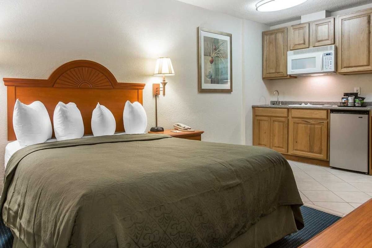 A hotel room with a bed, a bedside lamp, a telephone, a framed picture on the wall, and a kitchenette with a microwave and refrigerator.