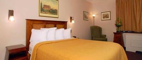 A hotel room with a large bed, a nightstand, a chair, and a radiator.